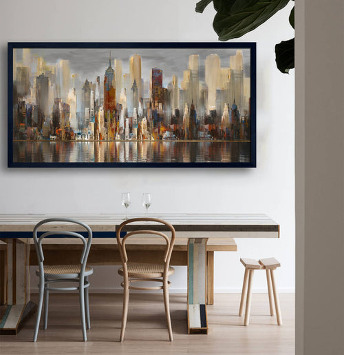 New York Cityscape Framed Canvas Wall Art – 29x58 Brown Abstract