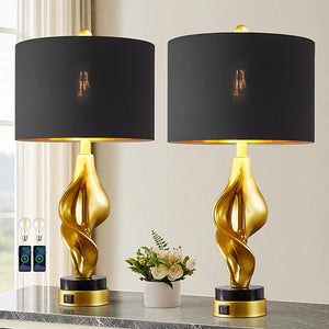 Gold Sculptural Table Lamp Set of 2 with USB Ports & Marble Base