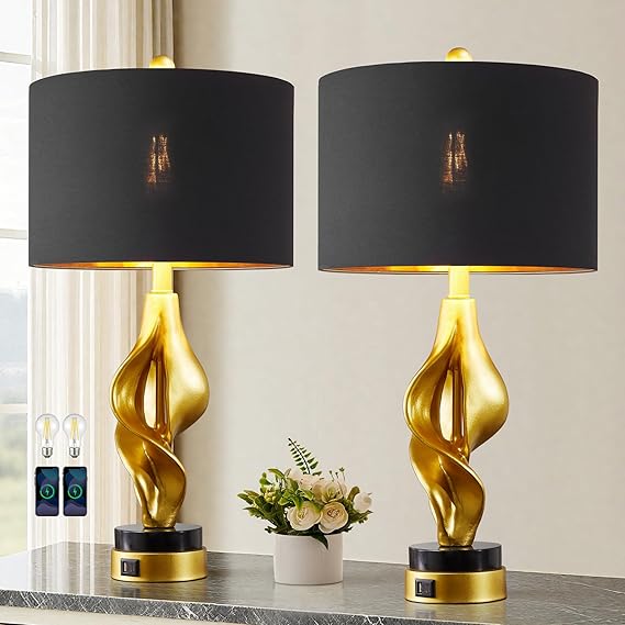 Gold Sculptural Table Lamp Set of 2 with USB Ports & Marble Base