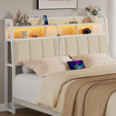 Upholstered Headboard with LED Light, Storage & Charging Station