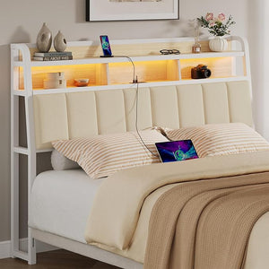 Upholstered Headboard with LED Light, Storage & Charging Station