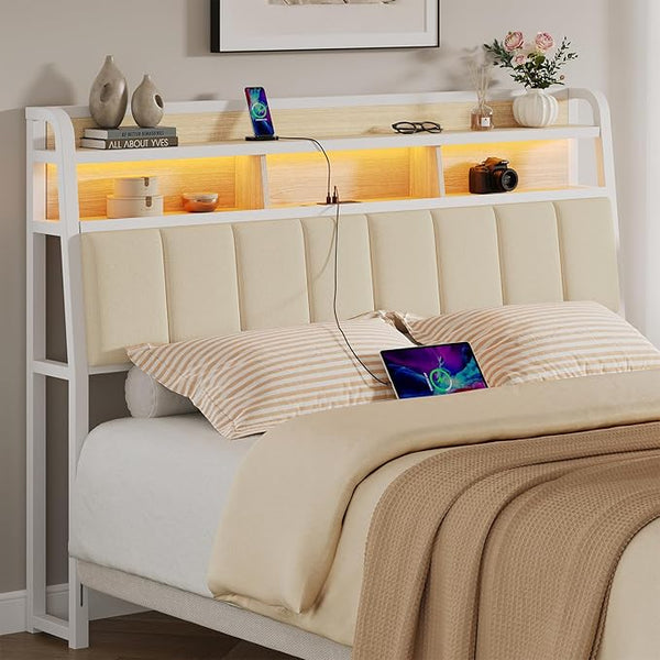 Upholstered Headboard with LED Light, Storage & Charging Station