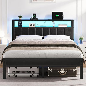 LED Platform Bed Frame with Storage Headboard & Charging Station