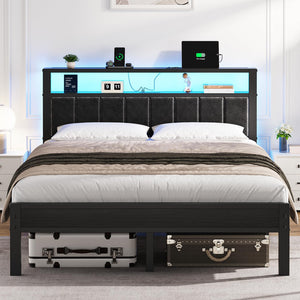 Queen Platform Bed Frame with LED Lights & Charging Station