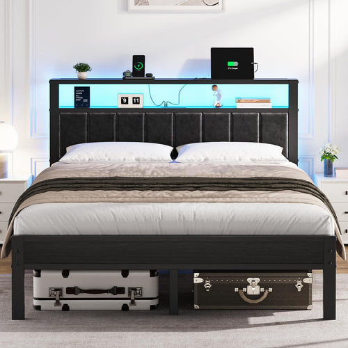 Queen Platform Bed Frame with LED Lights & Charging Station