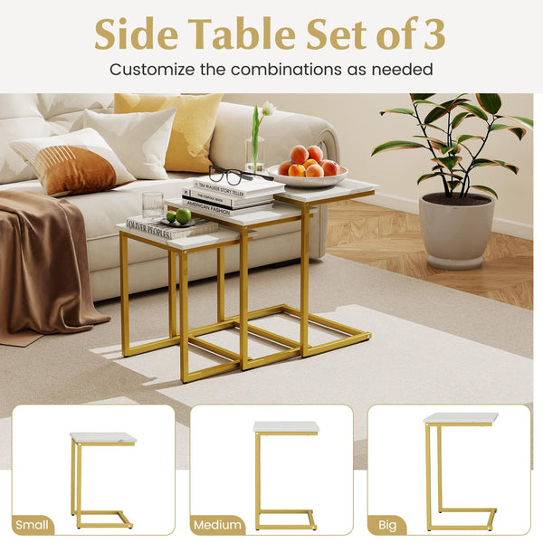 Nesting Coffee Table Set of 3, C-Shaped End Tables with Faux Marble Top
