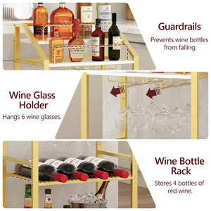 MAHANCRIS Bar Cart with Mirrored Shelf, Serving Cart for Home, Drink Cart with Wine Rack, Rolling Kitchen Cart with Wheels, Glass Holder, for Kitchen, Dining Room, Gold and White RCJW67M01