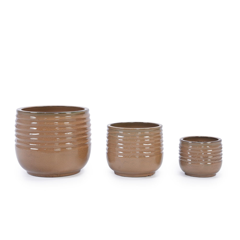 Ceramic Plant Pots Set of 3 with Drainage Holes – Ribbed Glossy Planters