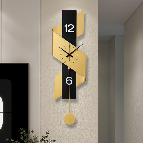 Large Modern Pendulum Wall Clock – Black & Gold Metal Analog