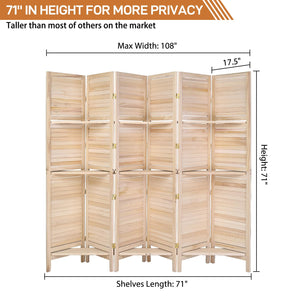 6-Panel Wood Room Divider with Shelves – 71" Tall Folding Privacy Screen