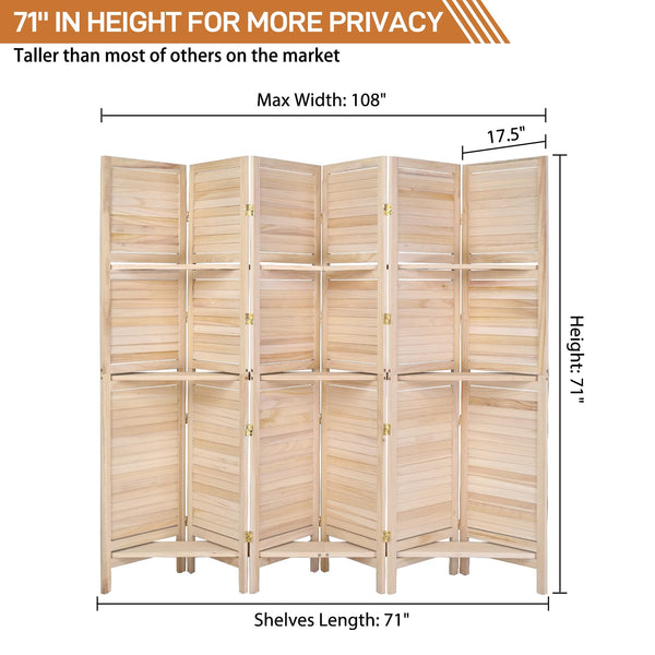 6-Panel Wood Room Divider with Shelves – 71" Tall Folding Privacy Screen