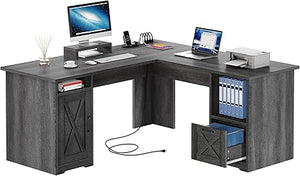 L-Shaped Desk with Power Outlets, File Drawer & Monitor Stand