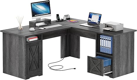 L-Shaped Desk with Power Outlets, File Drawer & Monitor Stand