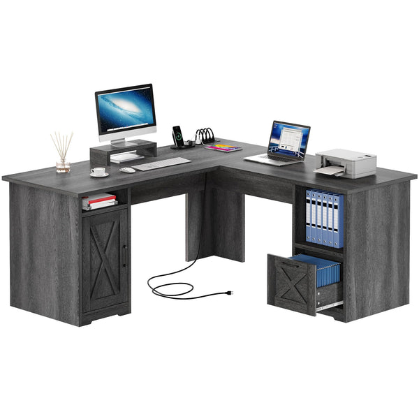 L-Shaped Desk with Power Outlets, File Drawer & Monitor Stand — 60 Inch Corner Office Desk