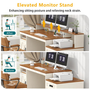 65-Inch Farmhouse Computer Desk with Drawers and Power Outlets