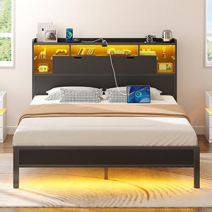 Platform Bed Frame with Storage Headboard, LED Lights & Charging Station