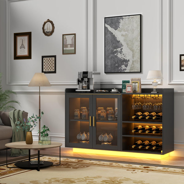 Wine Bar Cabinet with LED Lights, Glass Doors & Removable Wine Racks