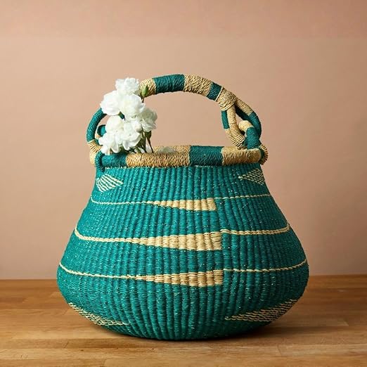 Handwoven Bolga Pot Basket with Handle – 16 Inch Wide Storage Basket