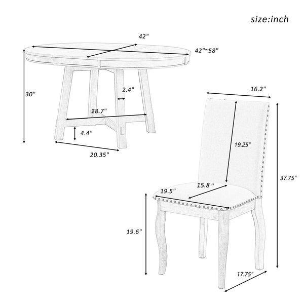 5-Piece Farmhouse Extendable Round Dining Table & Chair Set with Shelf