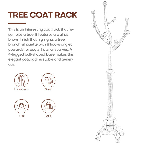 Freestanding Wooden Coat Rack with 8 Hooks