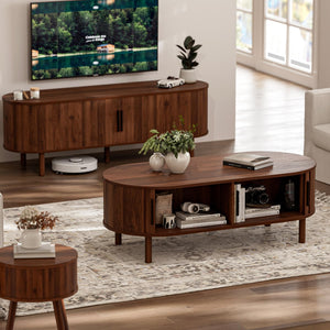 Oval Coffee Table with Sliding Door Cabinets