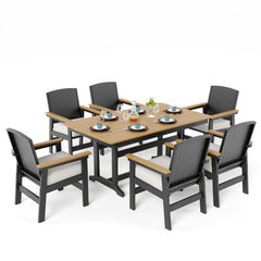 7-Piece HDPE Outdoor Dining Set with Wicker Rattan Chairs & Waterproof Cushions