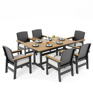 7-Piece HDPE Outdoor Dining Set with Wicker Rattan Chairs & Waterproof Cushions