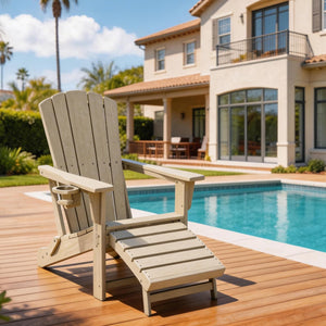 Folding Adirondack Chair with Retractable Ottoman & Cup Holder — HDPE All-Weather Outdoor Lounge Chair