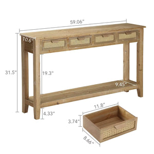 Farmhouse Console Table with Rattan Drawers & Open Shelf