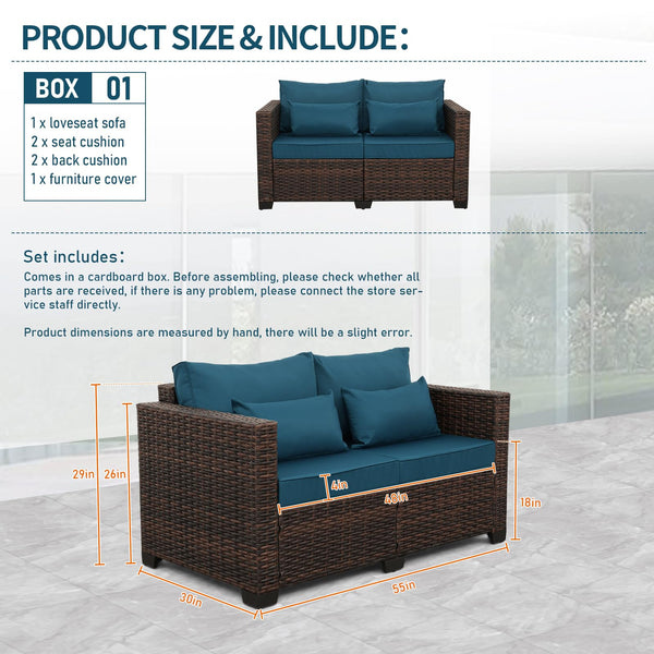 2-Seater Outdoor Wicker Loveseat Sofa with Cushions & Waterproof Cover