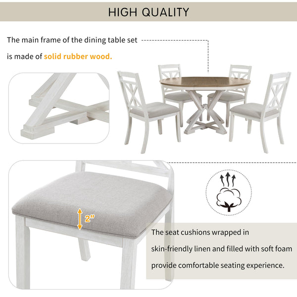 Round Extendable Dining Table Set for 4, 5-Piece