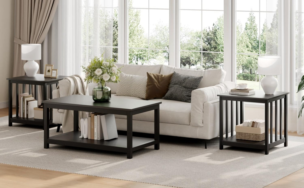 End Tables Living Room Set of 2 – Black Square Side Tables with 2-Tier Storage