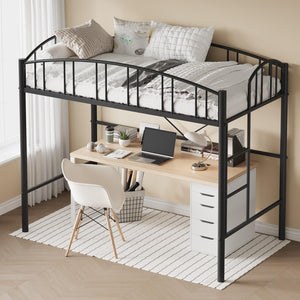 Twin Metal Loft Bed Frame with Guardrail and Safety Ladder