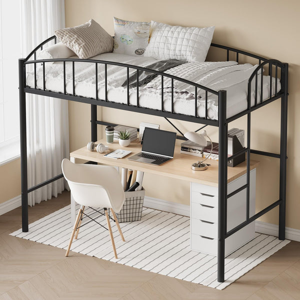Twin Metal Loft Bed Frame with Guardrail and Safety Ladder