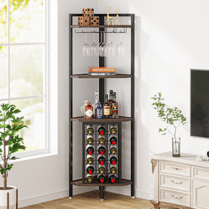 4-Tier Industrial Corner Wine Rack with Glass Holders – Rustic Brown