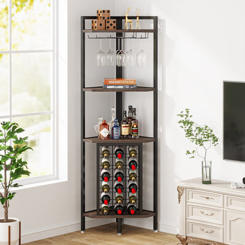 4-Tier Industrial Corner Wine Rack with Glass Holders – Rustic Brown