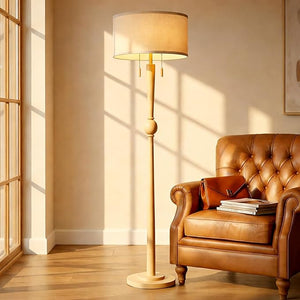 62.8" Wood Floor Lamp with 2-Light Pull Chain & Linen Drum Shade