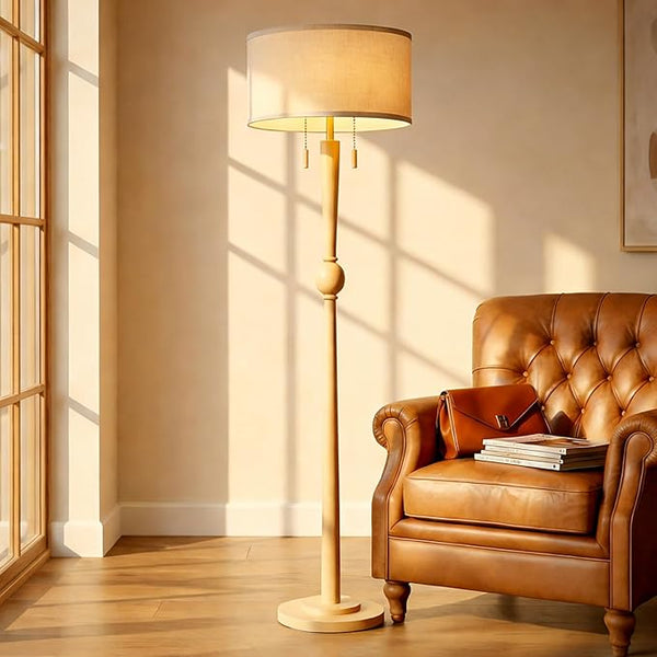 62.8" Wood Floor Lamp with 2-Light Pull Chain & Linen Drum Shade