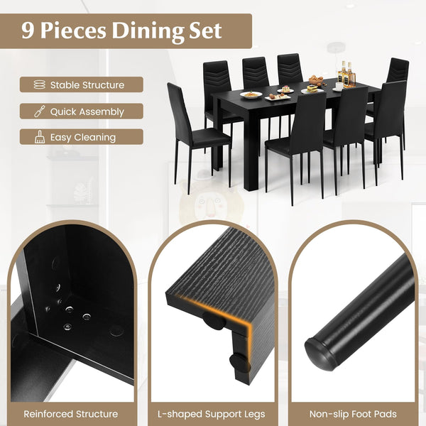 9-Piece Dining Table Set with 8 PVC Leather Chairs – Black