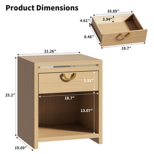 Nightstand Set of 2 with Drawer & Open Shelf, Natural Oak, 25" Tall