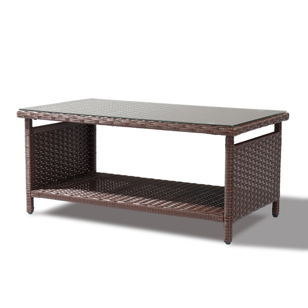 Outdoor Wicker Patio Coffee Table with Tempered Glass Top & Storage Shelf