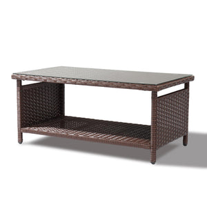 Outdoor Wicker Patio Coffee Table with Tempered Glass Top & Storage Shelf