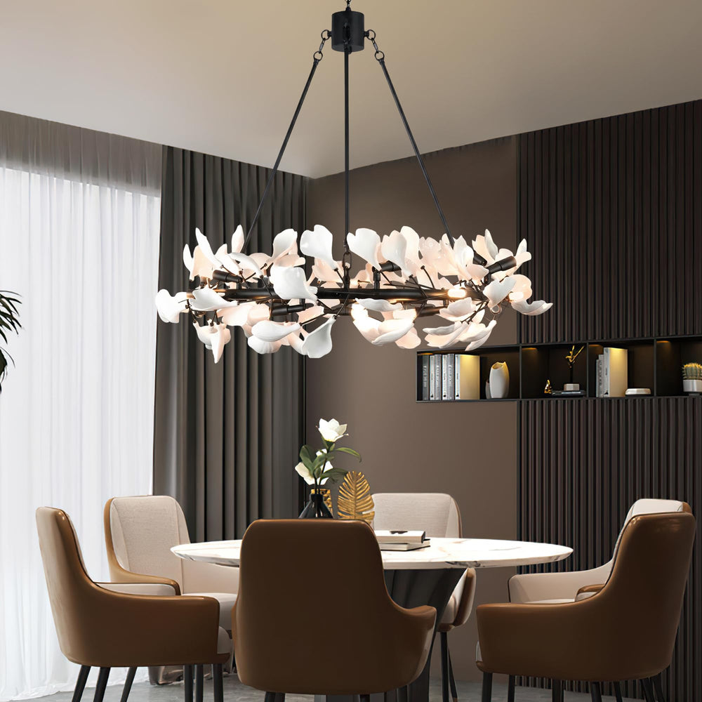 28-Light Ceramic Ginkgo Leaf Branch Chandelier – 35.5" Round Modern Pendant Light