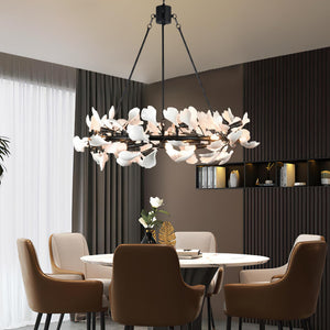 28-Light Ceramic Ginkgo Leaf Branch Chandelier – 35.5" Round Modern Pendant Light