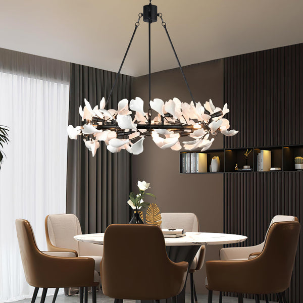 28-Light Ceramic Ginkgo Leaf Branch Chandelier – 35.5" Round Modern Pendant Light