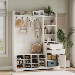 5-in-1 Entryway Hall Tree with Bench & Shoe Storage