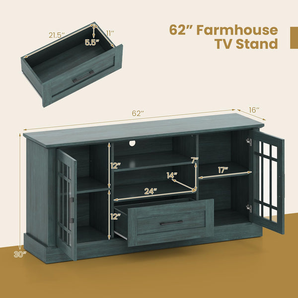 Farmhouse TV Stand 62 Inch with Storage Cabinets and Glass Doors