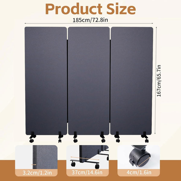 3-Panel Acoustic Room Divider with Wheels