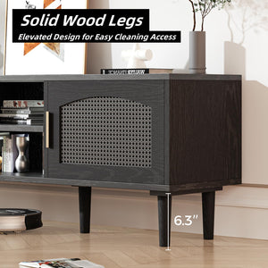 Fluted TV Stand with Rattan Doors, Wood Legs & Gold Handles