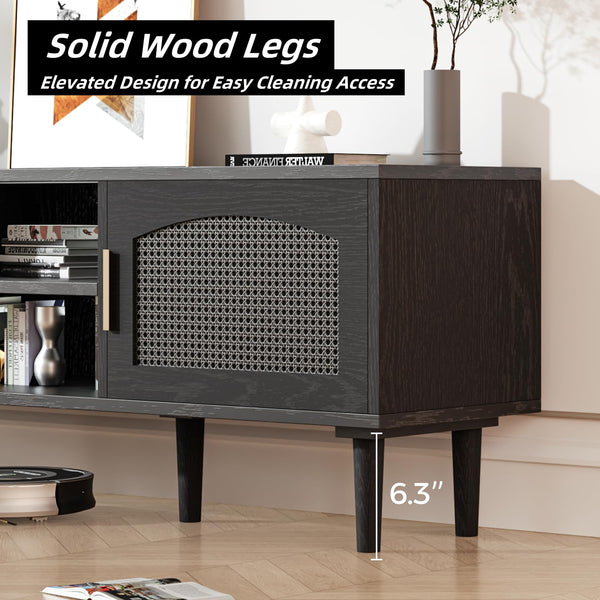Fluted TV Stand with Rattan Doors, Wood Legs & Gold Handles